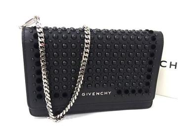 1円 ■極美品■ GIVENCHY ジバンシィ レザー チェーン クロスボディ ショルダーウォレット ショルダーバッグ 長財布 ブラック系 FV6978