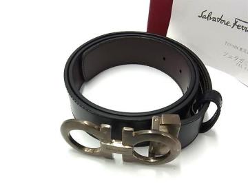 1円 Salvatore Ferragamo フェラガモ ダブルガンチーニ レザー シルバー金具 ベルト メンズ レディース ブラック系&times;ブラウン系 BN7440