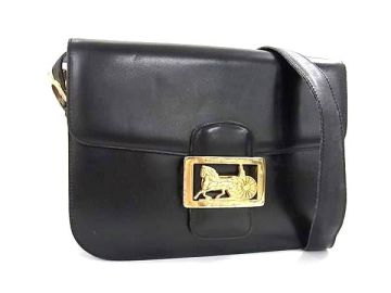 1円 CELINE セリーヌ ヴィンテージ 馬車金具 レザー クロスボディ ショルダーバッグ 斜め掛け 肩掛け レディース ブラック系 FT4048