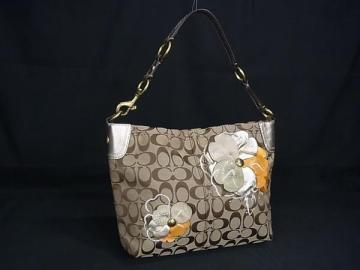 1円 COACH コーチ F16879 シグネチャー キャンバス&times;レザー フラワー ハンドバッグ ショルダー 肩掛け レディース ブラウン系 FQ4183