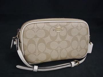 1円■新品同様■ COACH コーチ F77996 シグネチャー PVC&times;レザー クロスボディ ショルダーバッグ 斜め掛け ベージュ系&times;ホワイト系 FV6774