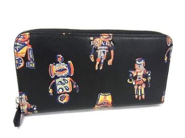 1円 ■美品■ PRADA プラダ レザー ロボット柄 ラウンドファスナー 長財布 ウォレット 小銭入れ ブラック系&times;マルチカラー FT5097