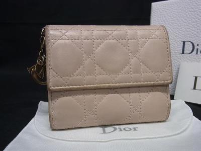 1円 ChristianDior クリスチャンディオール レディディオール カナージュ 二つ折り 財布 ウォレット レディース ピンクベージュ系 FS8285