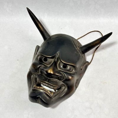 【1円スタート】能面 鬼面 木彫 北銀銘あり 仮面 面 重量約1173g 古道具 般若 魔除け 壁掛け 般若面 鉄製 能面 お面 はんにゃ 厄除け