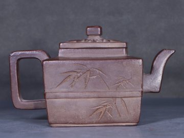 【安】清時代 荊渓史継長製 刻絵竹節漢詩紋四方茶壺 宜興紫砂 常滑 朱泥急須 煎茶道具 茶壷 古董品 時代物 286
