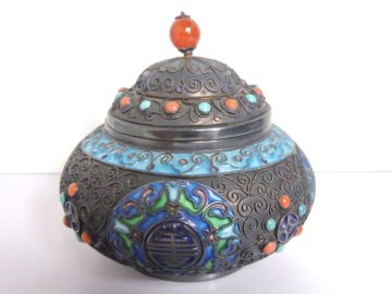 シルバー 銀製 七宝焼き ターコイズ 珊瑚 ボンボニエール 菓子器 オリエンタル調 横約9㎝