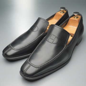 GS7761//イタリア製*エルメス/HERMES*メンズ42/エヴリン/Hロゴ/レザースリッポン/モカシンローファー/革靴/黒/ブラック