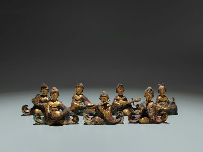 ◆羽彰・古美術◆Y5949五代十国 銅塗金樂伎造像一套 細密細工★古置物★古賞物★古擺件★蒐集家放出★唐物