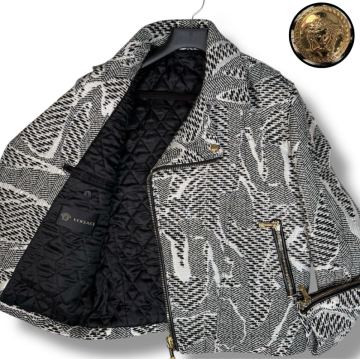 1円スタート 希少/L相当 VERSACE アルパカ混 ライダースジャケット メドゥーサ ジャガード ツイード キルティング ブルゾン ヴェルサーチ
