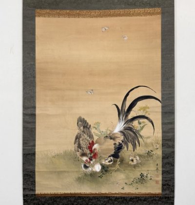 【真作】掛軸「前田玉英 春野親子鶏図 大幅」明治期 京都画壇 動物画 絵画