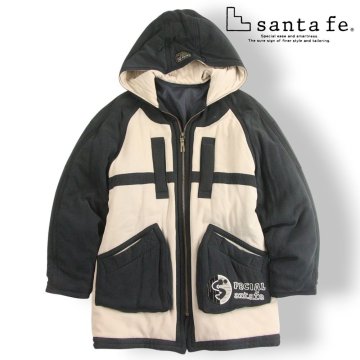 美品 santafe サンタフェ 起毛 ピーチスキン 刺繍入り ラグラン 中綿入り フードコート ベージュ x 黒 XL【参考価格￥59,400-】