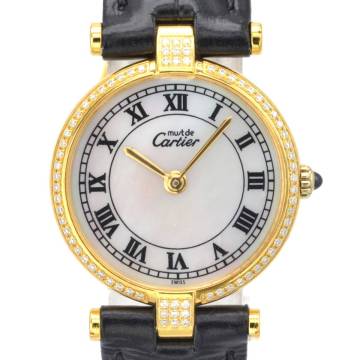 １円～稼働438-1224685I　CARTIERカルティエ　マストヴァンドーム　24ミリ　GP/革　クォーツ　シェル文字盤　レディース腕時計