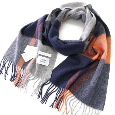 新品 タケオキクチ ウォッシャブル ウール チェック マフラー 紺 橙 【K22594】 THE SHOP TK ストール 秋冬 メンズ レディース 防寒