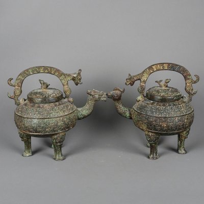 ■観心・時代旧蔵■R5605西周時代 青銅器 青銅龍鳳提梁一対 細密細工★古置物★古賞物★古擺件★蒐集家放出★唐物