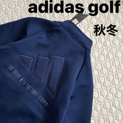 【XL】ネイビー　新品17600円adidas golf アディダスゴルフ　メンズ　オシャレ　ダンボールニット バックロゴ付き フルジップジャケット　