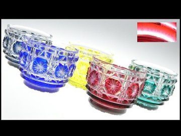 薩摩切子 尚古集成館監修 薩摩ガラス工芸 作 色被せ 色変り 高級 切子ガラス 八角籠目に十六菊紋 ぐい呑 酒盃 酒器 五客 n981