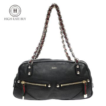 1円スタート GUCCI グッチ レザー チェーンショルダーバッグ 152462 シェリーライン ゴールド金具 トート ミニボストンバッグ ブラック 黒