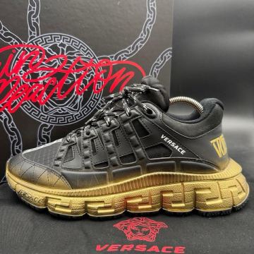 1円 【美品】 VERSACE ヴェルサーチェ トライグレカ メドゥーサ ロゴ ファブリック メンズ スニーカー 靴 シューズ ゴールド 25cm相当