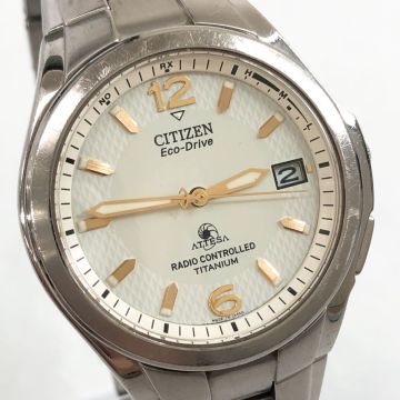 美品 CITIZEN シチズン Eco-Drive エコドライブ 腕時計 H410-T003788 電波ソーラー アナログ カレンダー ラウンド チタン 動作確認済み