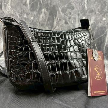 JRA認定!! 未使用級◎【極美品】リアルクロコダイル シャイニングクロコ ショルダーバッグ サコッシュ 自立 斜め掛け 鰐革 ユニセックス 黒