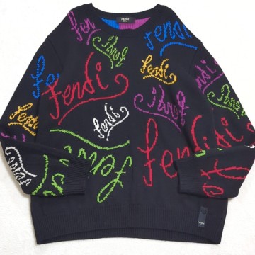 美品 希少2XL フェンディ FENDI グラフィティ ニット セーター ウール 編み込み ロゴ ボタン 総柄 マルチカラー 肉厚 黒 ブラック メンズ52