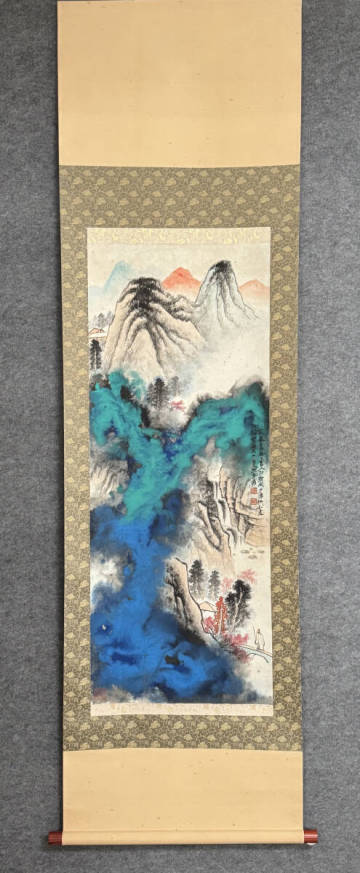 『東京株式会社』 旧家蔵出 中国画 古美術 [張大千山水図] 掛け軸 真筆逸品 肉筆保証 中心尺寸102.5X40.5cm ABC47