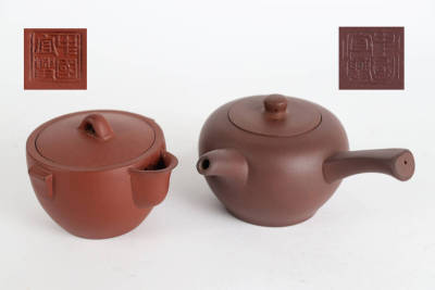 中国古玩 唐物 朱泥 横手急須 宝瓶 2点 中国宜興（煎茶壷宜興紫砂）F298