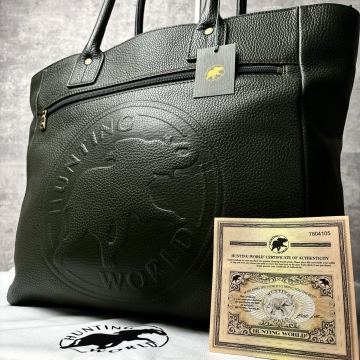 現行近《未使用級/大容量》 HUNTING WORLD ハンティングワールド メンズ トートバッグ A4 肩掛け デカロゴ 紳士 ビジネス レザー グリーン