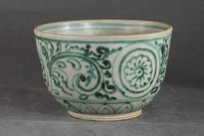 出品目　＠LLLL-10.　（　ミヤンマーモン族白磁緑彩陶.茶碗　）