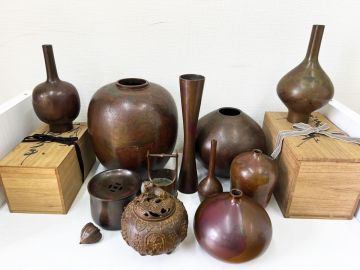 1円スタート★山形銅器 斑紫銅 青銅 花瓶　香炉　お茶こぼしなど 計12点 長谷川雅山・長谷川恵久他 【梱包後の総重量約17kg】★
