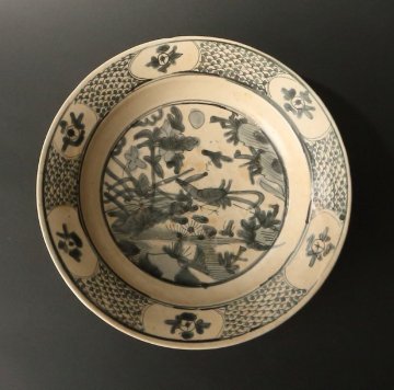 【深和】17世紀、ホイアン◆安南呉須染付牡丹鳳凰文盤（懐石具 染付皿 絵皿 和食器 御黎朝 広南国 中国古美術）