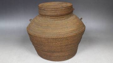 蓋付き 天然 竹籠 (約341g) 細編み細密 竹篭 時代物 竹細工 工芸品 ニ66