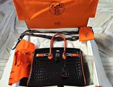 未使用 バーキン25 限定品 黒色にオレンジラインの見事な職人技デザイン ニロティカス25 黒&times;ポティロンオレンジ □J刻印 鑑定付き 