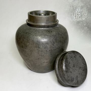 005 時代物 古錫 真英堂造 斑紋 茶入 H17cm 1379g 検索:(茶道具 煎茶道具 錫 茶心 茶壷 中国美術 古玩 金属工芸)