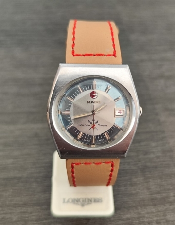 自動巻 稼働品 RADO GOLDEN SABRE メンズ腕時計 水色文字盤 三針デイト カット風防 