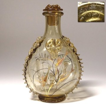 慶應◆本物保証【Emile Galle エミール・ガレ】本人作 希少な初期時代 金彩魚文デキャンタ/ボトル 当時ウラン入りガラス