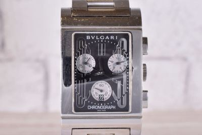 【1円】箱/保付 稼働 QZ 良品 ブルガリ レッタンゴロ RTC49S 黒文字盤 クロノグラフ デイト メンズ腕時計 レディース rettangolo BVLGARI