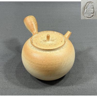 【風車】井上春峰 造　白泥　横手急須　平安春峰　湯沸　煎茶道具▲ 在銘 ▲茶注　茶道具　茶器