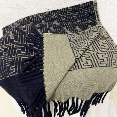 【贅沢品の極み】FENDI フェンディ　マフラー　ストール　ズッカ　ロゴ　ウール　総柄　リバーシブル　ネイビー　ブラウン　フリンジ