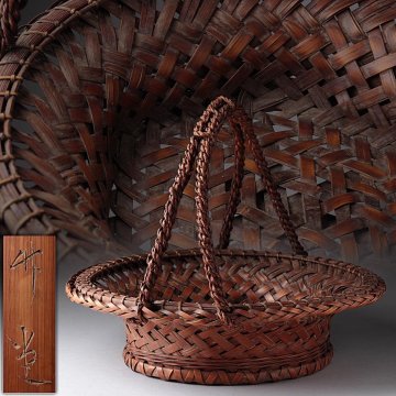 FE996 時代【小菅 竹堂 作】竹編 提梁 盛花籃 幅34.5cm・竹編手付盛籠・果物籠・竹籠・花篭 茶道具