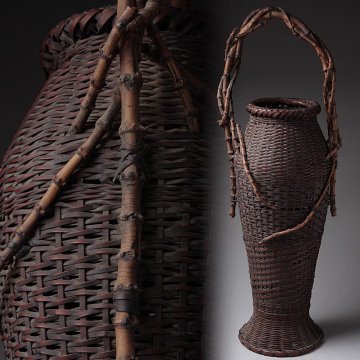 FE995 時代 天然竹提梁 煤竹編 花籃 高61cm 落し付・竹編手付花籠・竹編籠花入・竹籠・花篭 茶道具