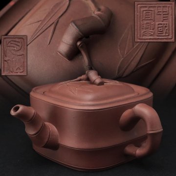 FE545 中国宜興 唐物【月仙 款】紫砂 朱泥 竹文 横手急須 長幅13.5cm・紫砂竹壺・茶注 茶具 茶器 煎茶道具 中国古陶磁 古美術