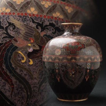 FF196 明治期 尾張七宝 桐蝶/龍鳳凰文 小花瓶・七宝花瓶 高12cm 水漏無・有線七宝花入 金工古美術