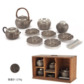 【夢工房】錫半製 錫 阿古陀形 煎茶器揃 （ 湯沸 急須 建水 茶壷 茶托五客 茶合 ）重量計1270g　ZE-021