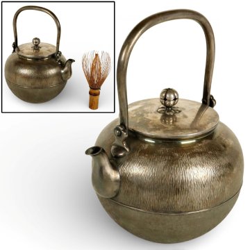 純銀保証 純銀 銀瓶 杉目文 回転花摘銀蓋 重さ:約540g 水漏れ:無 茶道具 煎茶道具 水注 水次 湯沸 急須 骨董品 美術品 2917kcfyN