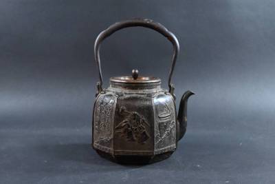 F3　金龍堂　名人　大國 寿朗　漢詩　六角　人物　時代　銅蓋　茶道具　茶器　煎茶器　煎茶道具