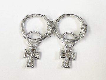 ピアス 耳飾り 750 K18 WG 金 フープ クロス 十字架 シンプル ミニマル 2WAY デザイン/ホワイトゴールド&times;クリア/1円スタート/AY