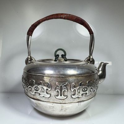 純銀製 蔵六 湯沸 貴石摘 銀瓶 鳴付 古美術品 純銀保証 湯沸 やかん