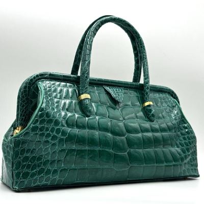 I_00162● 美品 シャイニングクロコダイル センター取り がま口 ハンドバッグ グリーン トップハンドル アリゲーター エキゾチック 緑