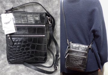 高級 総クロコ 販売時43万円 新品ヘンローン クロコダイル ショルダーバッグ ブラック ポーチ メッセンジャーバッグ メンズ レディース1914
